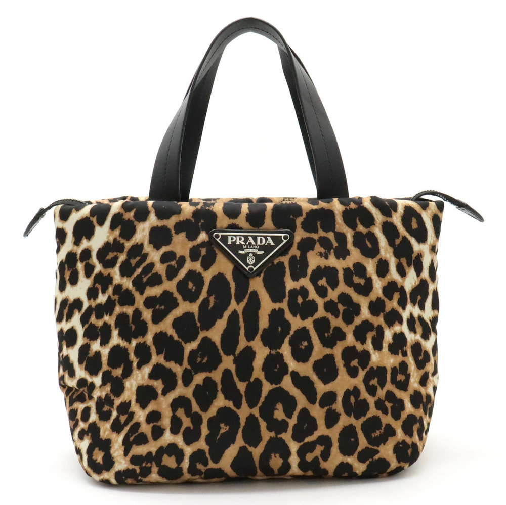 Prada Leopard Tote Bag Leather Black Beige Cream Shoulder Strap